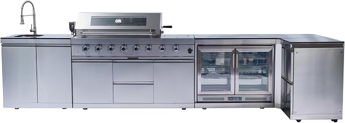 157-Inch 6-Burner Propane Gas Outdoor L-Shaped Island, 96000 BTU Grill 304 SS BBQ with 140L Wine Cooler, Rotisserie, Granite Countertops Storage Cabinets & Drawers, for Patio Backyard BBQ, Silver