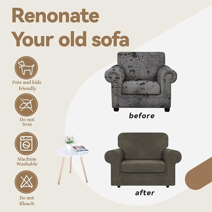 WEERRW Velvet Stretch 2 Pieces Chair Sofa Slipcovers Washable, Light Brown | Armchair Slipcovers Luxury Soft Velvet Plush Furniture Protector Couch Cover with Elastic Bottom for Kids Pets, Small
