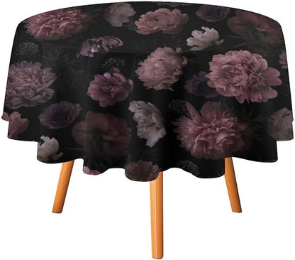 Vintage Florals Round Tablecloth, Gothic Summer Garden Peonies Flowers Rustic Roses Boho Botanical Plant Water Resistant Wipeable Table Cover for Picnic Party Holiday Kitchen Dinner Table 70"