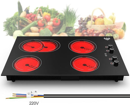 GIHETKUT 4 Burner Electric Cooktop,7200W Built-in & Countertop 30 inch stove top with 9 Power Levels, Child Safety Lock & 99 mins Timer, 30 inch Electric Cooktop 220-240V (No Plug)