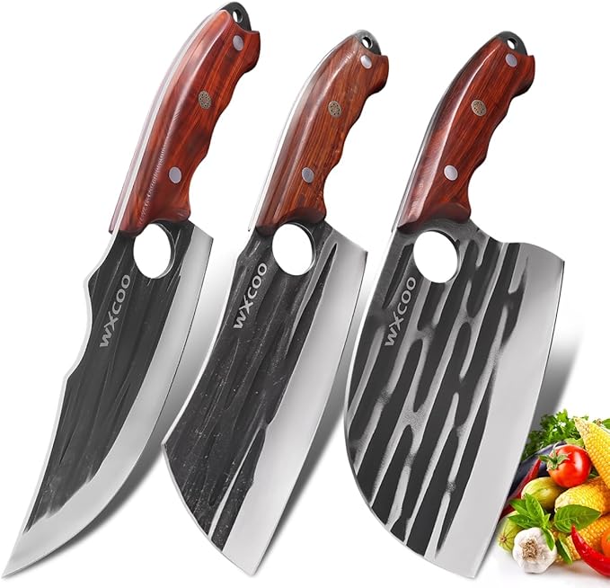 Serbian Chef Knife Set 3 Piece Hand Forged Viking Butcher Knife High Carbon Steel for Meat Cutting BBQ Camping, Unique Mens Birthday Gift for Hunters Grillers and Outdoor Cooking