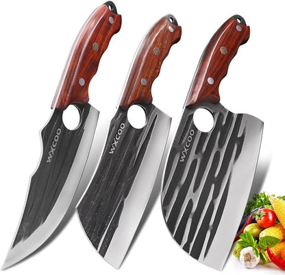 Serbian Chef Knife Set 3 Piece Hand Forged Viking Butcher Knife High Carbon Steel for Meat Cutting BBQ Camping, Unique Mens Birthday Gift for Hunters Grillers and Outdoor Cooking