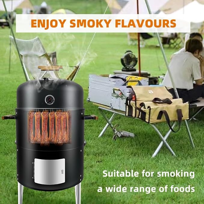 16" BBQ Smoker Grill Built in Thermometer, Air Vent and Two more biger Access Doors, Multi-Layer Meat Smoker Grill with 3 Heat-resistant Handles, Ideal for Outdoor Cooking, Camping, BBQ