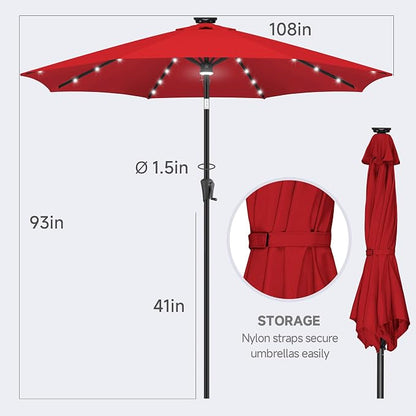 FLAME&SHADE Solar Patio Umbrella with a Centre Light, 9 FT Red | 40 LED Lights, UV Protection, Waterproof, Porch Deck Outdoor Umbrella for Pool, Backyard, Garden, Provides Evening Lighting