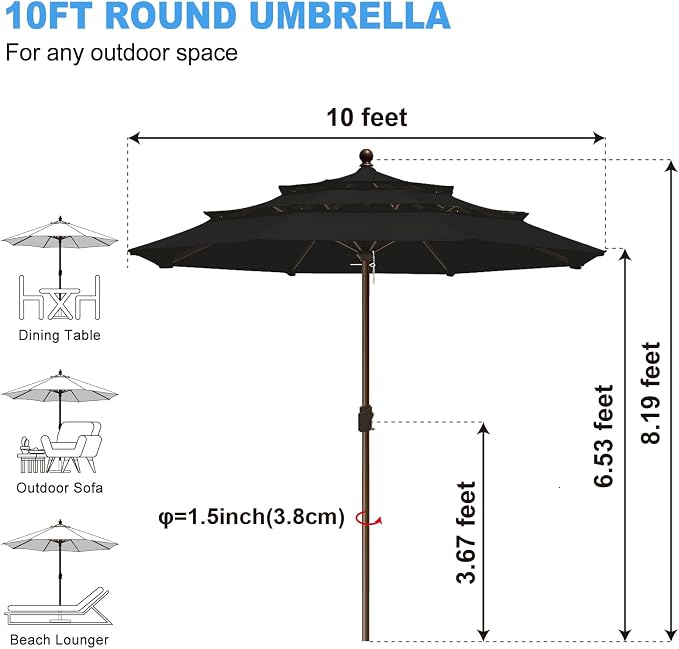 Eurmax USA 10-Year-Non-Fading 10FT 3-Tier Outdoor Patio Market Umbrella,UPF50+ UV Resistant,Heavy Duty Commercial Grade,Crank Lift Design,Windproof Vented Top for Garden,Pool,Deck,Black