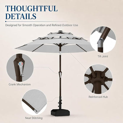 10ft Patio Umbrella, 3-Tier Vented Outdoor Table Umbrella with 8 Sturdy Fiberglass Ribs, Windproof Market Umbrella with Push Button Tilt and Crank, UV Protection for Deck, Pool, Light Gray