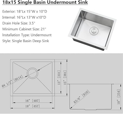 Undermount Bar Sink, Jshozzy 18"x15"x10" Wet Bar Sink Undermount Stainless Steel Hademade 16 Gauge Single Bowl Kitchen Sinks with Drain Strainer