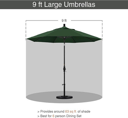 California Umbrella 9' Round Aluminum Market Umbrella, Crank Lift, Collar Tilt, White Pole, Hunter Green Olefin