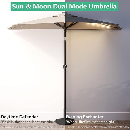 Helios&Hestia 9 ft Small Half Round Solar Powered Wall Outdoor Market Patio Umbrella with LED Lights and Tilt for Garden, Deck, Balcony