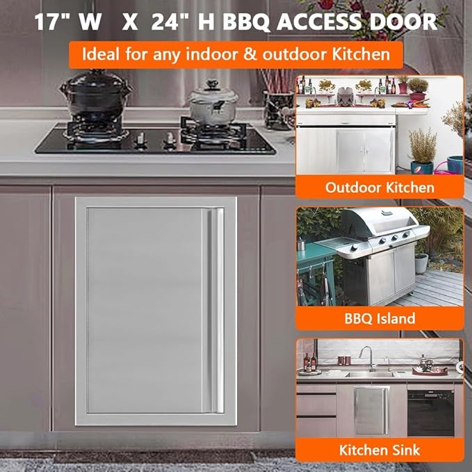 Outdoor Kitchen Doors 17" W x 24" H, Stainless Steel BBQ Access Doors, Flush Mount BBQ Door for Outside Kitchen Grilling Station, Barbeque Oven Island, Storage Cabinet Door