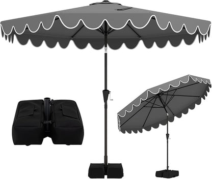 Tangkula 10 FT Patio Umbrella with Base Included, 2-Tiers Outdoor Scalloped Table Umbrella with 2 Sandbags, Tilt Adjustment, Crank, 8 Ribs for Market Backyard Pool Deck Beach Lawn