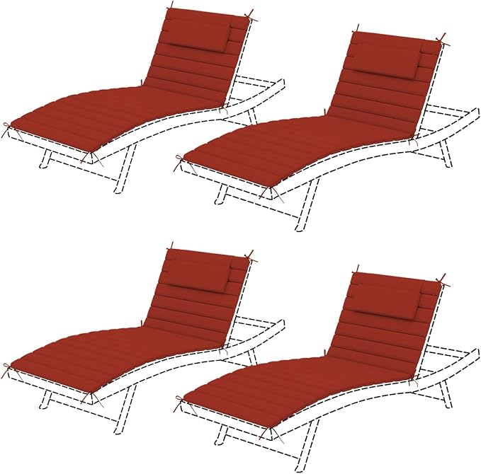 Sundale Outdoor Olefin Quilted Lounge Cushion Set of 4, Patio Foldable Chaise Lounger Cushion, Water-Resistant Lounge Chair Pad with Straps Red, 72 x 21 inches