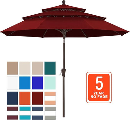 ABCCANOPY 9FT 3-Tier OLEFIN® Patio Umbrella, 5-Year No Fading, Burgundy | Heavy Duty Fade-Resistance Outdoor Table Umbrella, 8 Sturdy Ribs, Tilt, Crank for Deck, Backyard, Garden, Yard, Pool