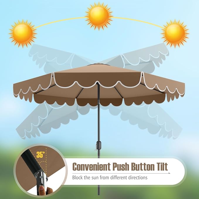 Tangkula 10 FT Patio Umbrella, 2-Tiers Scalloped Outdoor Table Market Umbrella with Tilt Adjustment, Crank, 8 Sturdy Ribs for Pool, Deck, Backyard (Coffee)