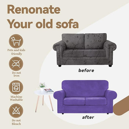 WEERRW Velvet Stretch 3 Pieces Couch Cover for Sofa Washable, Purple | Love Seat Couch Covers for 2 Cushion Couch Sofa Furniture Protector slipcoves with Elastic Bottom for Kids, Medium
