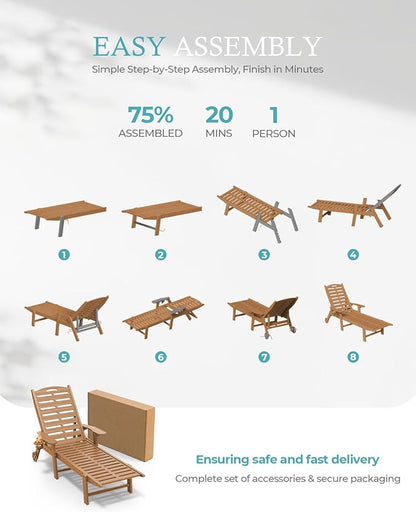 Lounge Chair Outdoor with Wheels & Cup Holder, 5-Position Adjustable Heavy Duty Patio Lounge Chair, HDPE Outdoor Chaise Lounge, 350 lbs Capacity, All Weather for Poolside, Deck, Backyard (Teak)