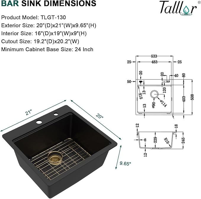 21 Inch Drop In Bar Sink - Matte Black Granite Composite Workstation Single Bowl Small Prep Wet Sink with All-In One Gold Accessories & Cutting Board for RV, Kitchen Bar, and Boat#TLGT-130