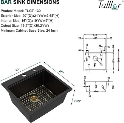 21 Inch Drop In Bar Sink - Matte Black Granite Composite Workstation Single Bowl Small Prep Wet Sink with All-In One Gold Accessories & Cutting Board for RV, Kitchen Bar, and Boat#TLGT-130