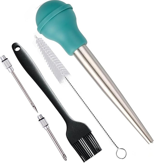 Turkey Baster Set 5, 18/8 Stainless Steel Turkey Baster Syringe for Cooking, Meat Injector Baster Set&2 Needles&2 Cleaning Basting Brush, Baster for Flavor Meat Poultry, Beef&Chicken Ect Teal