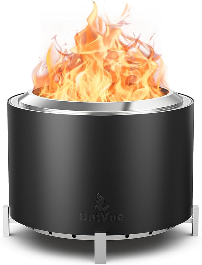OutVue 27 inch Stainless Steel Smokeless Fire Pit, Outdoor Smokeless Firepit, Wood Burning Fire Pits for Camping, Bonfire, Low Smoke Firepit for Outside (Vertical Hole)