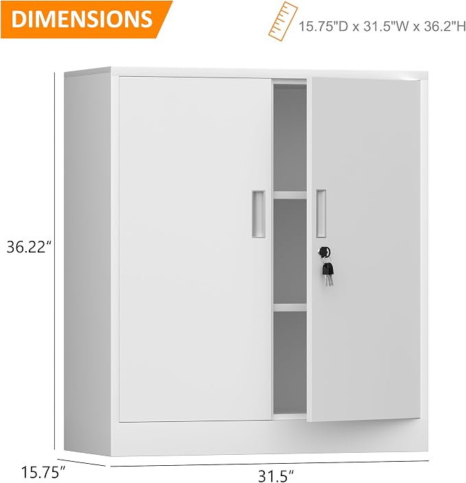 Metal Storage Cabinet with Locking Doors and 2 Adjustable Shelves, Small Lockable Steel Storage Cabinets for Home Office Garage Kitchen Pantry (White)