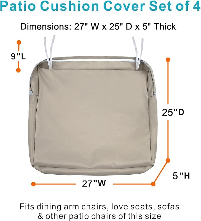 NettyPro Patio Chair Seat Cushion Covers Set 4, Waterproof Outdoor Furniture Cushion Slipcovers with Zipper and Tie, 27 x 25 x 5 Inch, Replacement Cover Only, Khaki