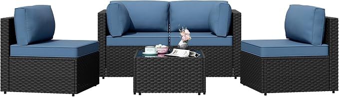 Shintenchi 5 Pieces Outdoor Patio Sectional Sofa Couch, PE Wicker Furniture Sets, Patio Conversation Sets with Washable Cushions Glass Coffee Table for Garden, Poolside, Backyard, Aegean Blue