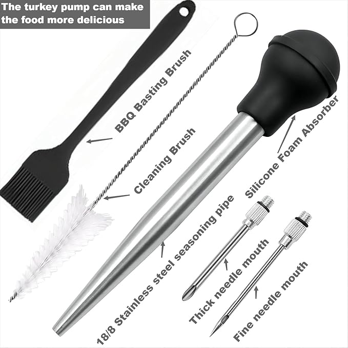 Turkey Baster, Stainless Steel Turkey Baster Silicone Bulb with 2 Marinade Injector Needles and 2 Brush for Cooking Easy Clean and Dishwasher Safe Color Orange