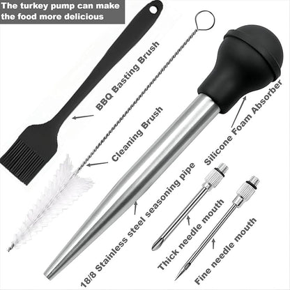 Turkey Baster, Stainless Steel Turkey Baster Silicone Bulb with 2 Marinade Injector Needles and 2 Brush for Cooking Easy Clean and Dishwasher Safe Color Grey