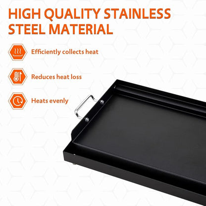LotFun 17" x 13" Carbon Steel Cooking Griddle for Outdoor Gas Grill, Universal Griddle Flat Top Plate Insert with Grease Groove and Removable Handles for Electric/Charcoal/Gas Grill, Camping,Party