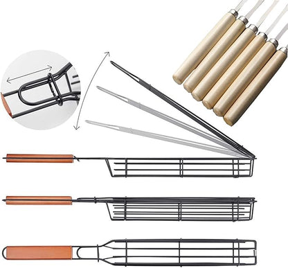 Kabob Grilling Set - 6 Non-Stick Grill Baskets & 6 Stainless Steel Skewers - Long Handle, 15.5 Inch, Steel
