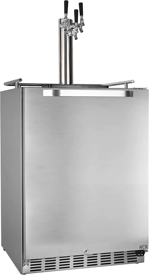 HCK Kegerator, 24 Inch Outdoor Kegerator for Patio with 3 Taps, Full Size Beer Dispenser and Beverage Refrigerator with Auto Defrost & Reversible Stainless Steel Door, Ideal for Home Bars