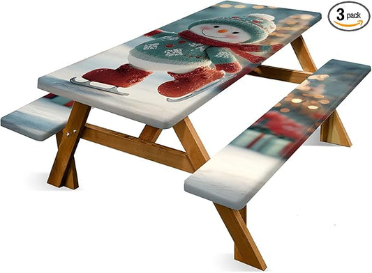 Christmas Picnic Table Cover with Bench Cover, Outdoor Picnic Table Elastic Tablecloth, Snowman Design with Lights, Camping, Barbecue and Holiday party Tablecloth