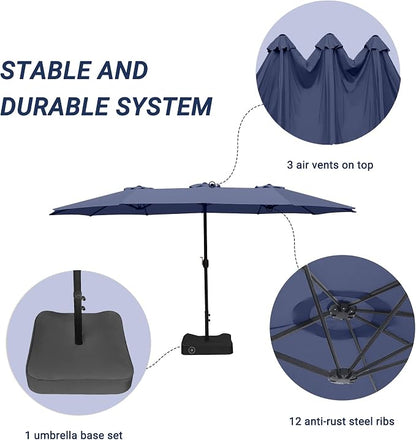 15ft Patio Umbrella with Base, 10-Year-No-Fade Large Outdoor Double-Sided Market Umbrella with UPF50+Terylene Polyester Fabric and Crank for Poolside Garden Deck Backyard Beach Pools