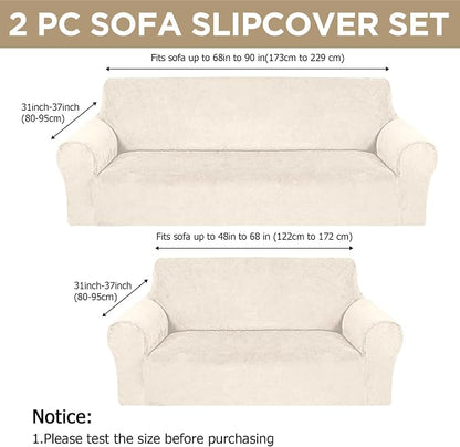 Peryiter 2 Pcs Couch and Loveseat Sofa Covers,Beige,Velvet | Armchair Covers for Living Room, Sofa Cushion Slipcover 2/3 Seater, Furniture Protector, Polyester and Spandex, Washable