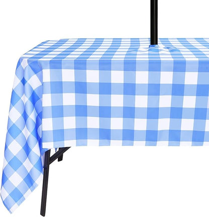 Poise3EHome Rectangle Outdoor Tablecloth with Umbrella Hole and Zipper,Blue and White Gingham 70x52 Inch,SpillProof Washable Table Cloth for Spring Summer Patio Garden Poolside Picnic Camping BBQS