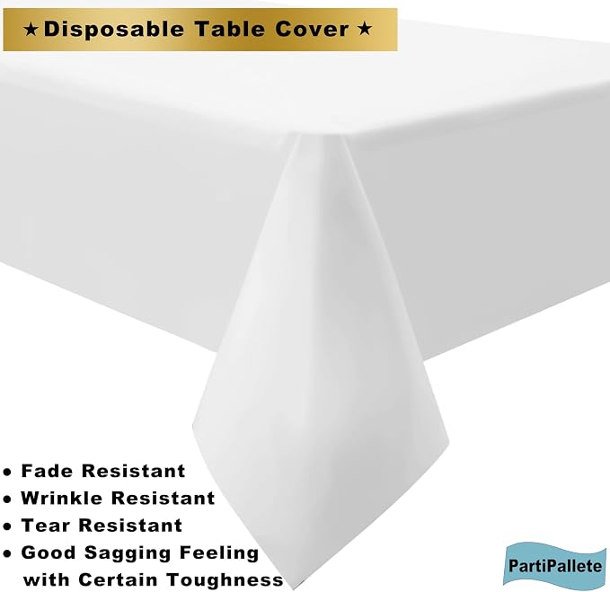3-Pack Premium Plastic White Tablecloth Disposable 54" x 108" Rectangle Table Cover Party PEVA Table Cloths for Parties Birthday Wedding Engagement Banquet Fits up to 8 ft Long Tables