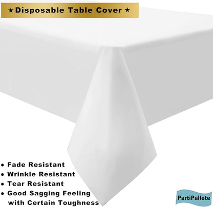 3-Pack Premium Plastic White Tablecloth Disposable 54" x 108" Rectangle Table Cover Party PEVA Table Cloths for Parties Birthday Wedding Engagement Banquet Fits up to 8 ft Long Tables