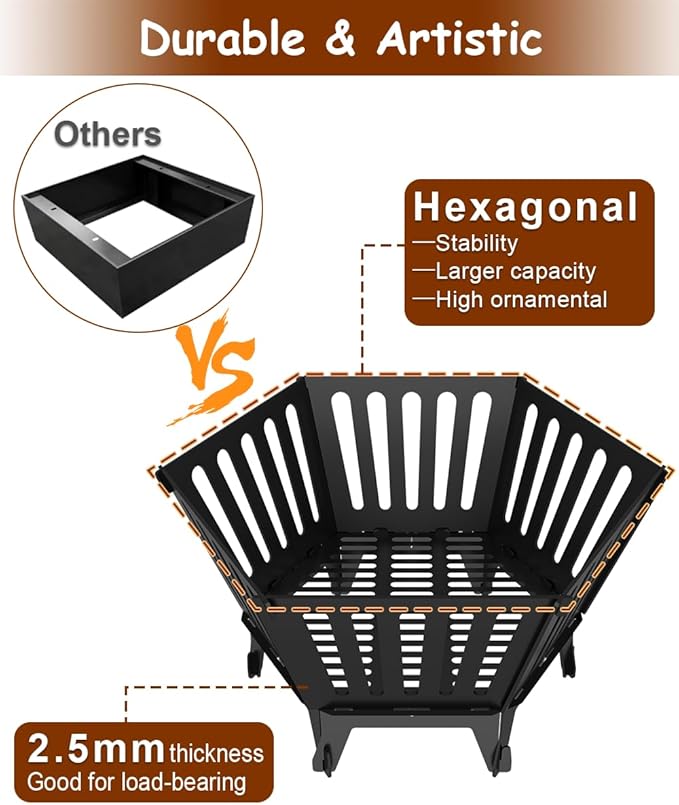 22.5 Inch Portable Hexagon Fire Pit with Travel Bag — Smokeless Patented Design Outdoor Wood Burning Fire Pit for Camping, Backyard, Patio, Bonfire, Picnic and BBQ, Vertical Hollow Style