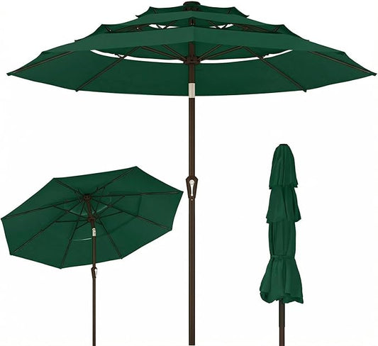Kingdura 9ft 3-Tier Patio Umbrella, Outdoor Table Umbrella with Easy Crank & Tilt, 8 Reinforced Ribs, UV Protection for Deck, Pool, Market, Backyard (Dark green)