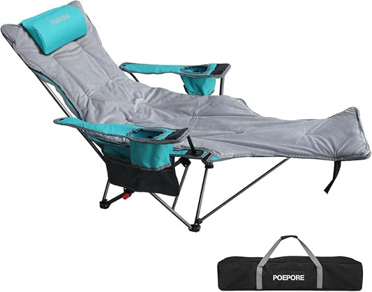 Reclining Camping Chair with Removable Footrest Lounge Chair with Headrest, Cotton Cushion, Portable Adjustable Folding Chairs