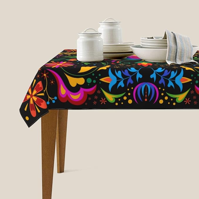 Mexican Floral Table Cloth, Waterproof Mexican Flower Tablecloth for Kitchen Dining Room, Picnic Party, Weddings, Outdoor Indoor 54x72 in Rectangle Black Table Cover