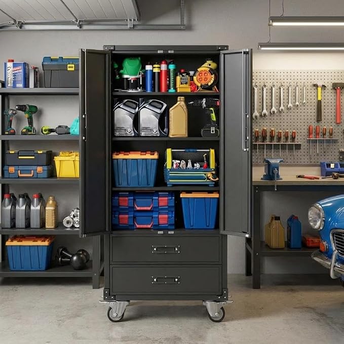 71" Heavy-Duty Metal File Cabinet with Lockable Drawers & Doors, Adjustable Shelves for Letter/Legal/F4/A4 Size, Easy Assembly for Home Office Garage Storage Cabinet, Black