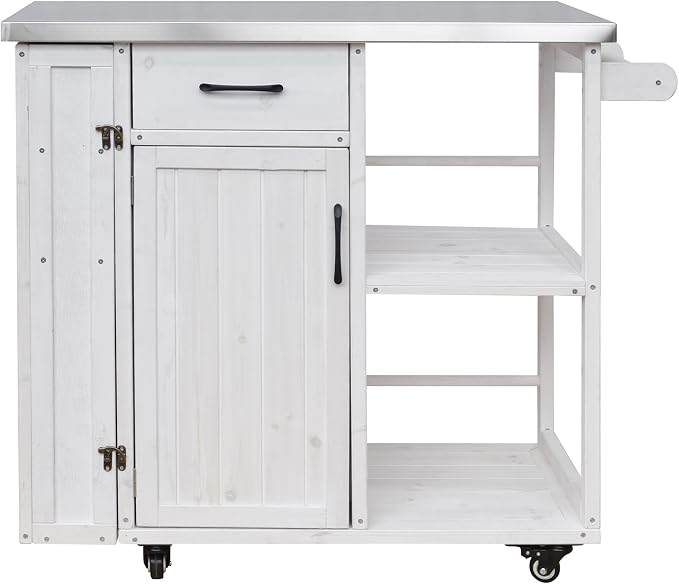 JIVOIT Outdoor Kitchen Island with Stainless Steel Worktop, Fir Wood Prep Station Lockable Kitchen Cart with Ample Storage Space, Towel and Spice Racks for Patio and Outdoor (White/122)