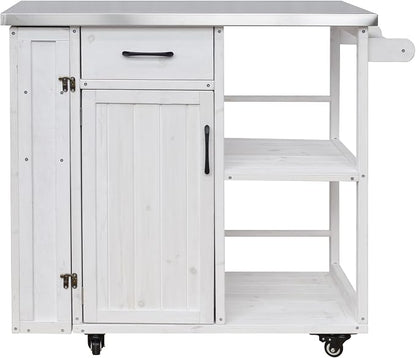 JIVOIT Outdoor Kitchen Island with Stainless Steel Worktop, Fir Wood Prep Station Lockable Kitchen Cart with Ample Storage Space, Towel and Spice Racks for Patio and Outdoor (White/122)