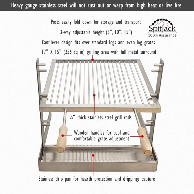 SpitJack Portable Camping Grill. Cook Over a Fireplace or Campfire with an All SS Argentine Santa Maria Cooking Grate and Drip Pan. 18 X 17 Inch Grill