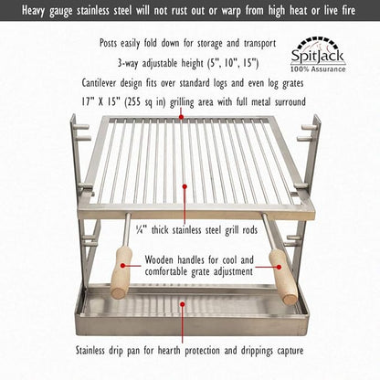 SpitJack Portable Camping Grill. Cook Over a Fireplace or Campfire with an All SS Argentine Santa Maria Cooking Grate and Drip Pan. 18 X 17 Inch Grill