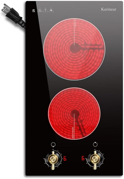 Karinear 110V Electric Cooktop 2 Burners Electric Stove 12 Inch Knob Control Countertop & Built-in Ceramic Cooktop, 9 Heating Level, Hot Warning, Over-Temperature Protection(Gold Knob)