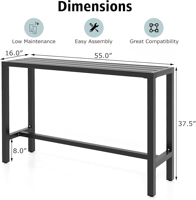 COSTWAY Outdoor Bar Table 55-inch Wide, Narrow Counter Height Dining Table with Waterproof Top and Heavy-Duty Metal Frame, Rectangular Pub Table for Garden Patio Backyard Poolside, Black | with Waterproof Top and Heavy-Duty Metal Frame, Rectangular Pub...
