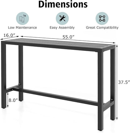 COSTWAY Outdoor Bar Table 55-inch Wide, Narrow Counter Height Dining Table with Waterproof Top and Heavy-Duty Metal Frame, Rectangular Pub Table for Garden Patio Backyard Poolside, Black | with Waterproof Top and Heavy-Duty Metal Frame, Rectangular Pub...